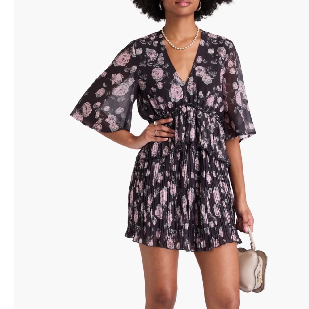 GANNI Pleated Georgette Floral Dress